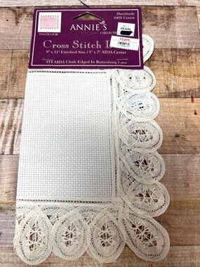 Annies Handmade Cross Stitch Doily 9"x11" Cloth With Battenburg Lace Edging